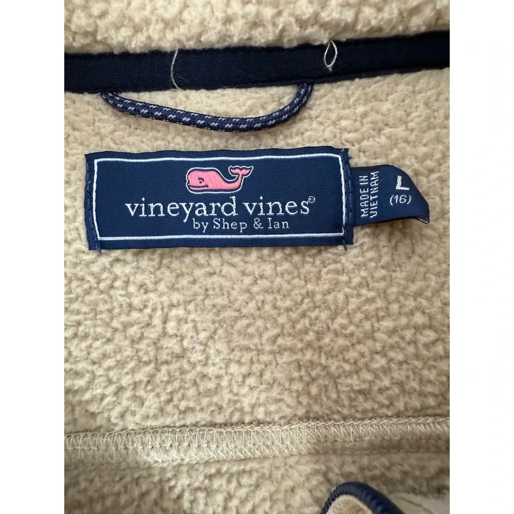 Vineyard Vines Boys Stillwater Sherpa Fleece Vest Tan Navy Preppy Zip Up Sz L 16